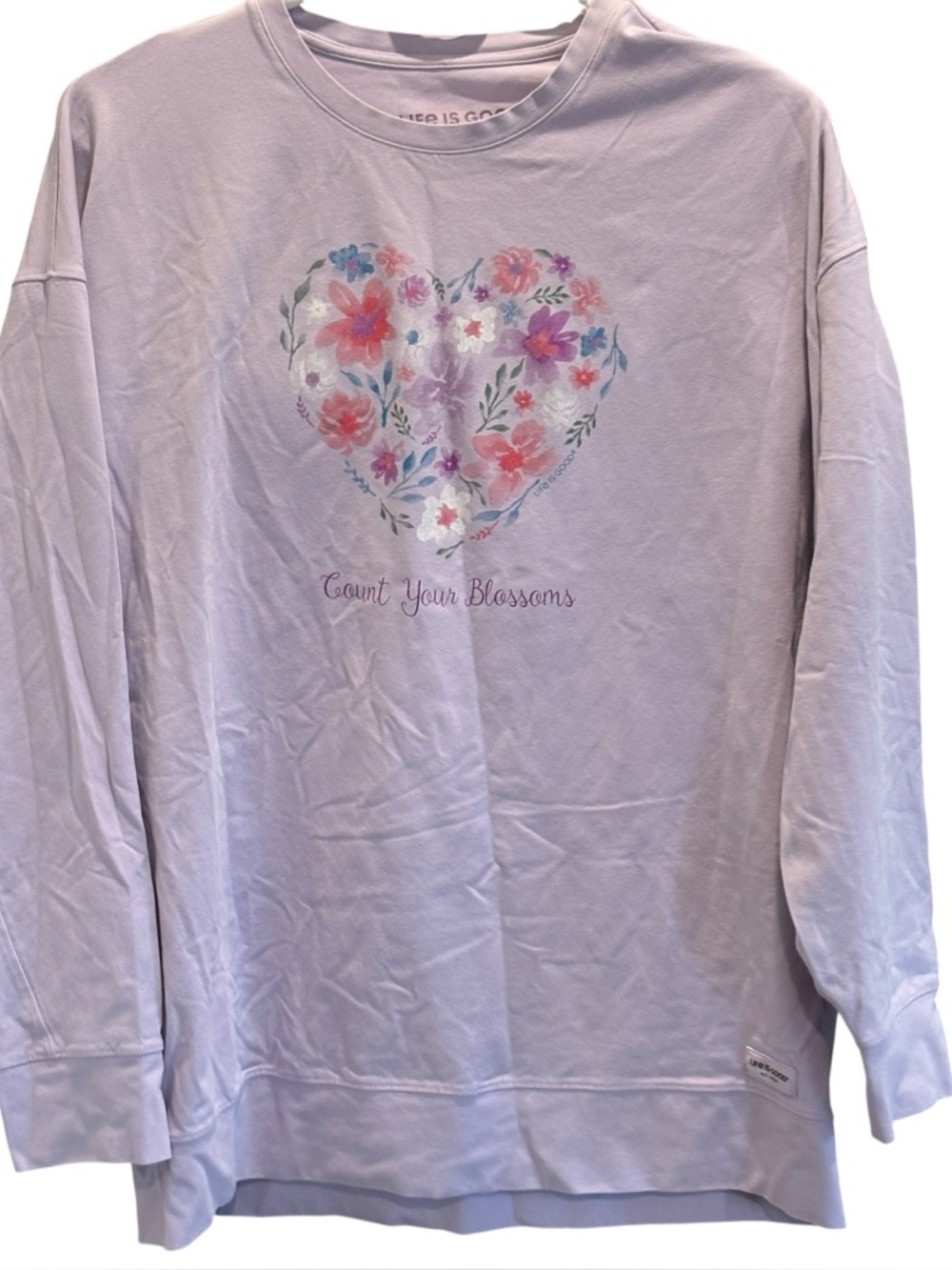 Life is Good Purple Lavender Floral Sweatshirt Size Small Count Your Blossoms